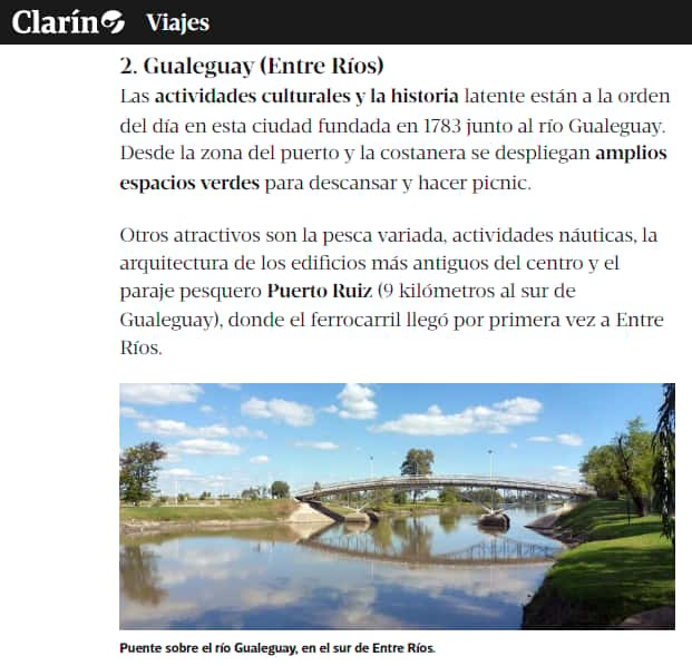 Gualeguay recomendada por Clarín para vacacionar