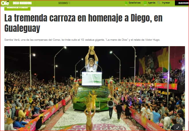 La carroza en homenaje a Diego de Samba Verá en el diario Olé