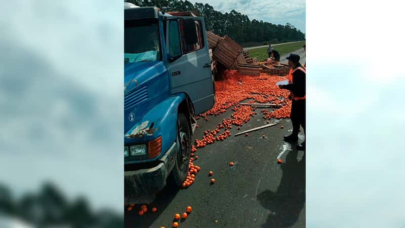 Autovía 14 : camión volcó con su carga de mandarinas y naranjas