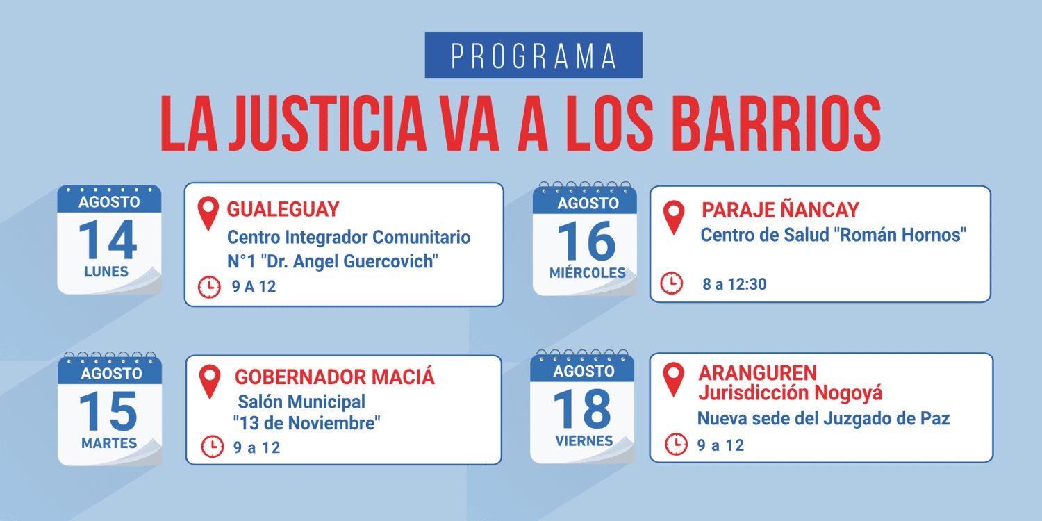 “La Justicia va a los barrios” estará en Gualeguay, Maciá, Paraje Ñancay y Aranguren