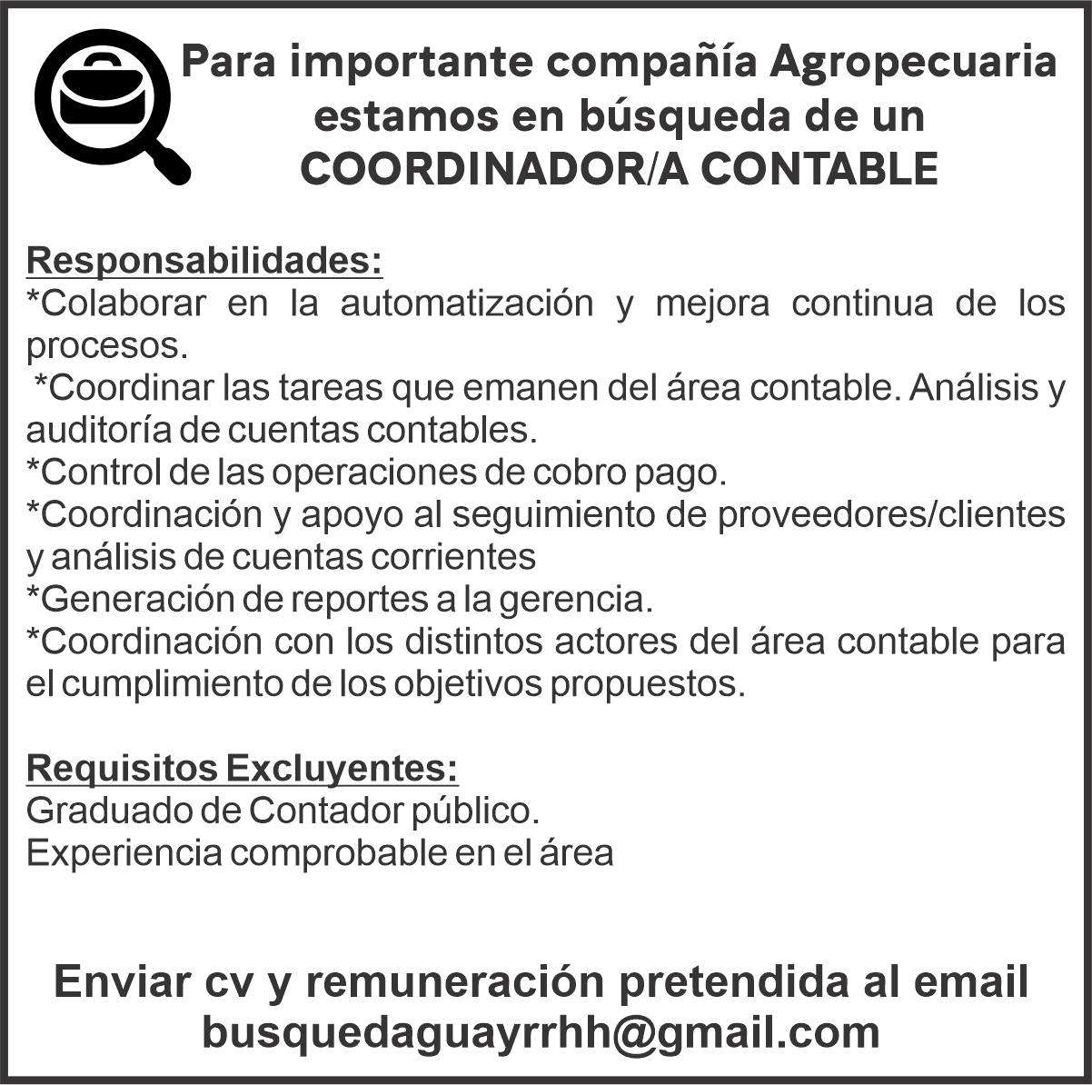 Importante compañía agropecuaria busca COORDINADOR/A CONTABLE⁣