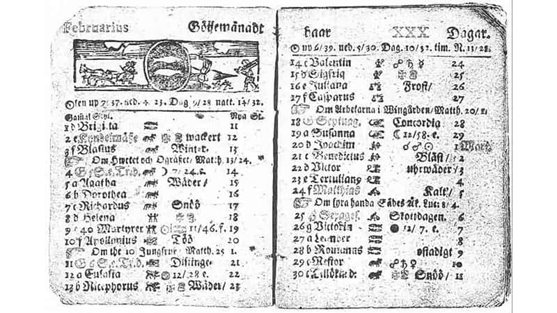Las páginas de un almanaque sueco de 1712