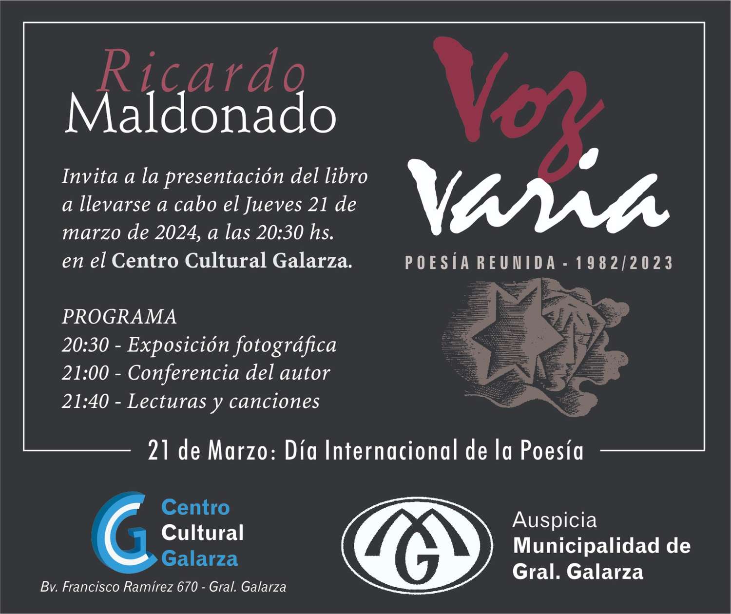 Ricardo Maldonado presentará el libro “Voz varia” en Gral. Galarza