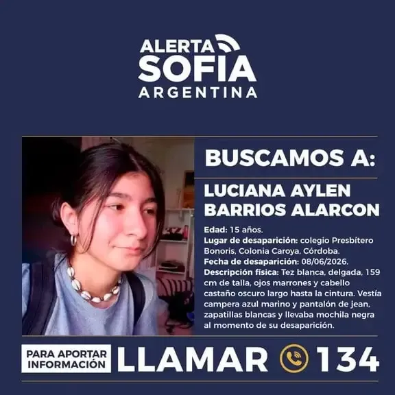 Intensa búsqueda de una adolescente de 15 años desaparecida tras salir de la escuela en Córdoba